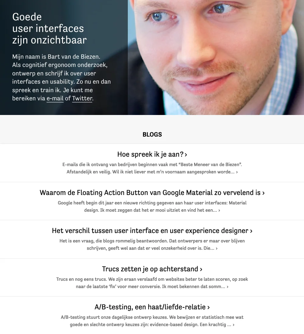 Vorbeeld van een overzichtelijke webpagina van Bart van de Biezen.