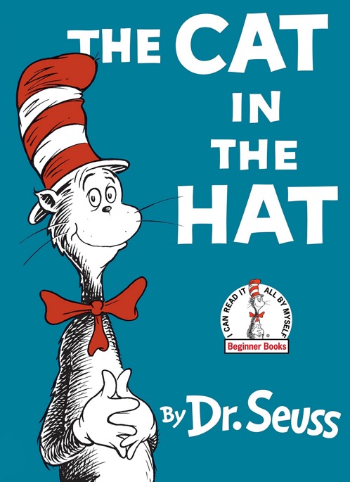 Cover van The cat in the hat van Dr Seus - toont een getekende kat met een rood-wit-gestreepte hoge hoed