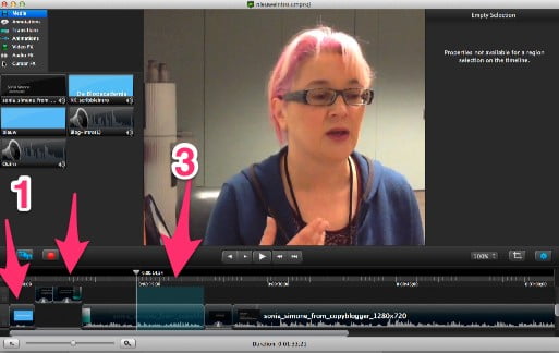 Voorbeeld van editen in Camtasia. 1=introductiefilmpje, 2=muziekje, 3=stuk om weg te snijden en weernaadloos te laten aansluiten