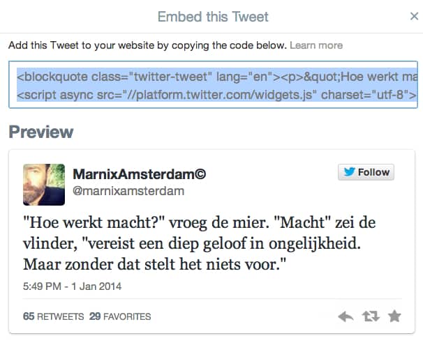 Copy-paste de code die Twitter je geeft