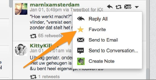 Maak je tweet favoriet. Dan sla je hem op en je kunt hem makkelijk terugvinden.
