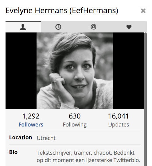 Twitterbio met Droste-effect van Evelyne Hermans