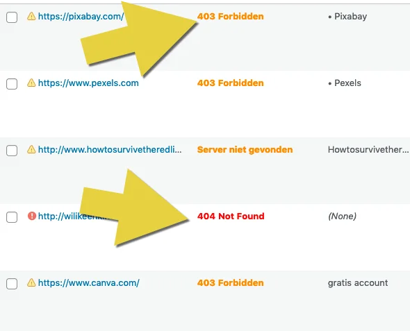 screenshot van gebroken links-waarschuwingen