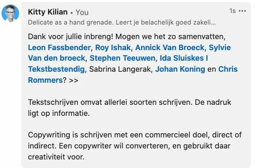 verschil copywriting tekstschrijven, post op linkedin, screenshot